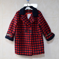 Girls woolen coat new style British style quilted thickened houndstooth woolen mid-length windbreaker winter coat