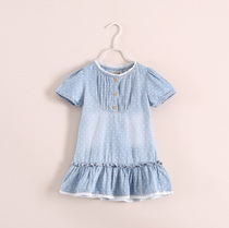 90-120 wear foreign trade childrens clothing girls summer short sleeves lace cotton polka dot denim skirt dress princess skirt