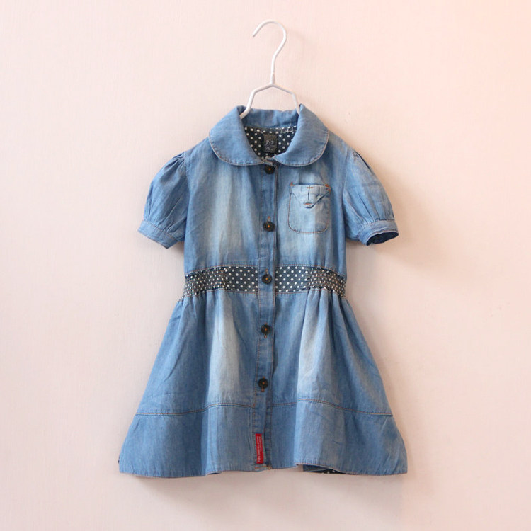 High 95-110 wear foreign trade European and American children's clothing girls cotton polka dot denim skirt short sleeves dress doll skirt summer