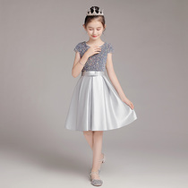 Girls Gray Symphony Piano Dress Performance Dress Princess Dress Childrens Violin Sequin Performance Clothing Short Short Sleeve