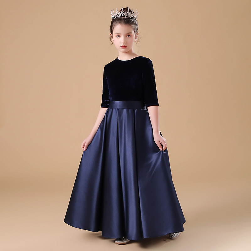 Girls' Velvet Mid-Sleeve Piano Evening Dress Princess Dress Performance Costume Children's Dark Blue Host Performance Costume Long Style