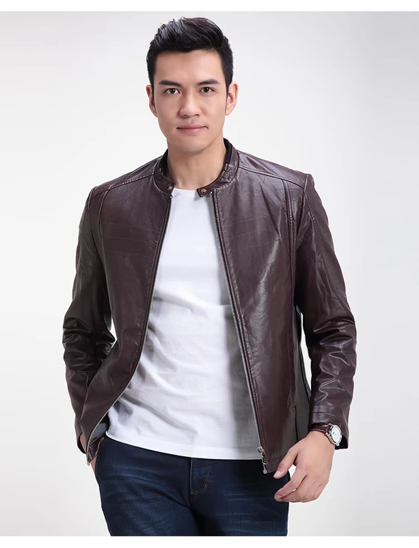 Áo khoác nam màu đỏ đậu nam Mùa xuân kinh doanh Casual Faux Leather Stand Cổ áo Khí chất nam tính Áo khoác nam 029S áo khoác nam trung niên