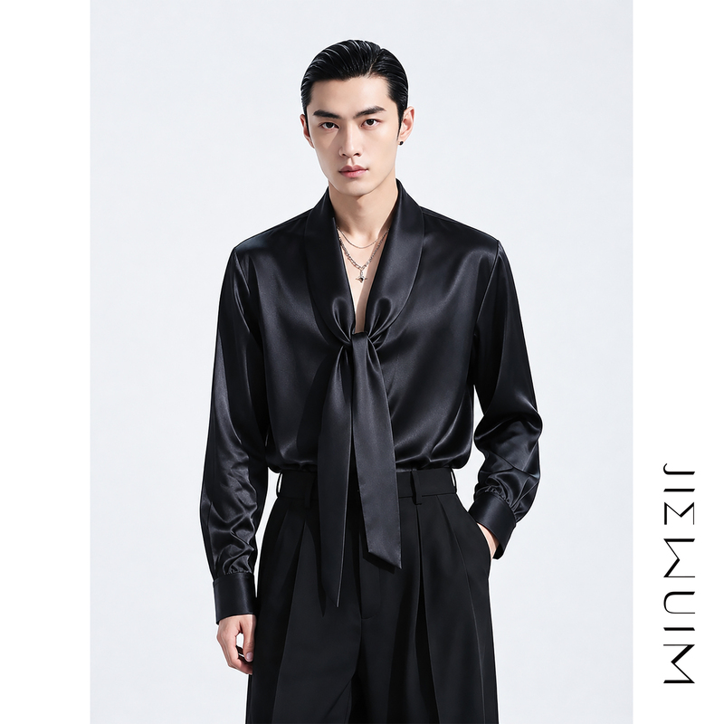 [Same Style as Zhang Linghe] Jiewuim Green Fruit Collar Ribbon Shirt, High-End Satin Long-Sleeve Shirt for Men and Women