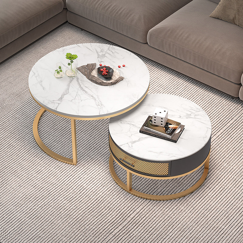 Italian-style round coffee table small apartment light luxury modern minimalist creative rock plate round table small coffee table set simple - Taobao