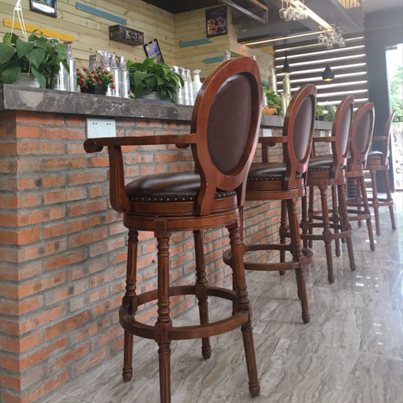 European bar chair Solid wood bar chair Household American bar stool Rotating backrest Leather high stool Bar stool