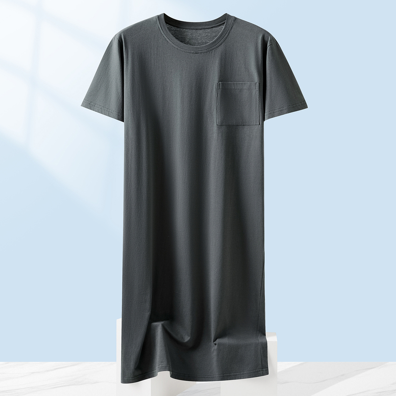 Summer Short-Sleeved Nightgown for Men, Thin Long Robe, Perfect for Sleeping Naked, Loose-Fitting One-Piece Large Size Robe, Pure Cotton Sleepwear