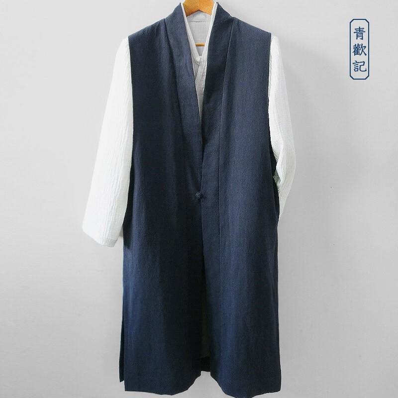 Original Chinese-Style Linen Vest for Men, Large Size, Spring and Autumn, Mid-Length, Artistic Hanfu Vest, Loose-Fitting Taoist Robe, Sleeveless Jacket
