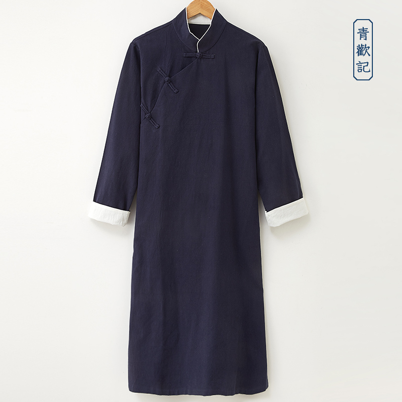 Qinghuanji Chinese-Style Tang Suit Robe, Republic of China Long Robe, Linen Men's Stand-Collar Retro Hanfu Loose Long Gown Performance Outfit