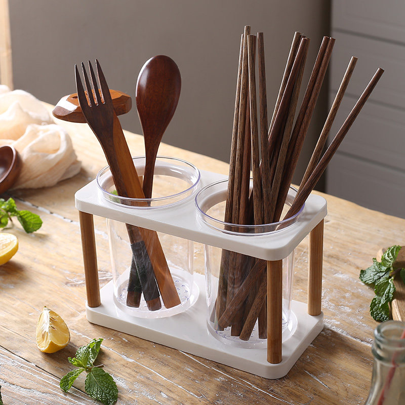 Quick-drying Japanese-style bamboo and wood plastic chopsticks barrel household double-barrel rack drain chopsticks cage kitchen tableware spoon storage