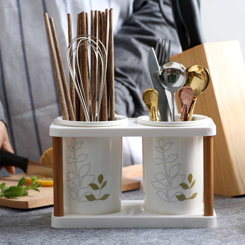 Creative bamboo and wood ceramic chopsticks tube chopsticks cage anti-mold drain chopsticks holder storage knife and fork spoon chopsticks box