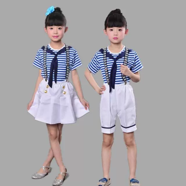 Ngày thiếu nhi Trang phục biểu diễn của trẻ em Sea Soul Áo sơ mi Nam nữ Trang phục biểu diễn hải quân Trang phục hợp xướng Hải quân Trang phục Lei Feng Yếm váy - Trang phục