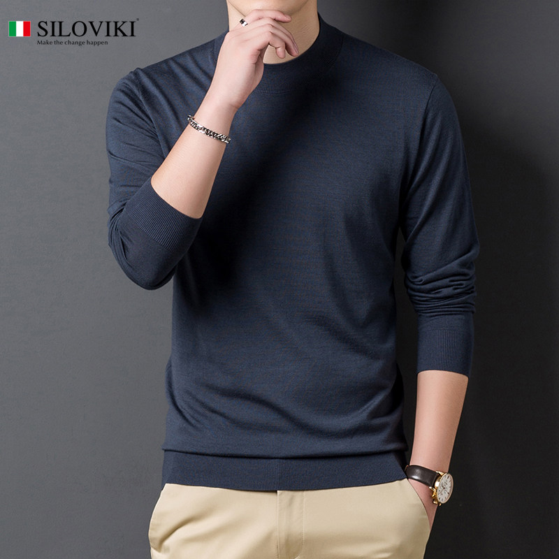 Pure goat sweatshirt male and half high school collar knit T-shirt 60 fine-spun light slim fit without long sleeve inner lap sweater