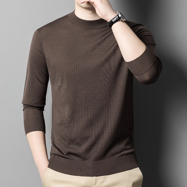 Pure wool sweater men's half high school collar knitted t-shirt 60 counts worsted light and thin close-fitting long-sleeved bottoming sweater