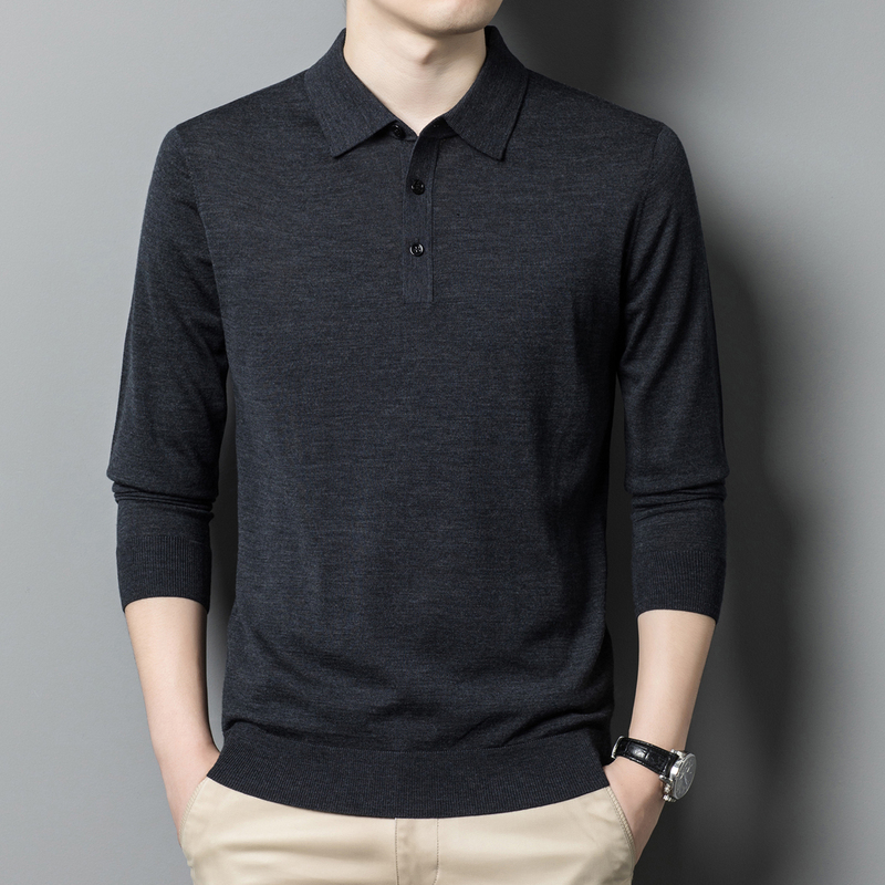 High-Quality Merino Worsted Wool Sweater for Men, with a Lapel, Close-Fitting, Soft, Business Casual Knit Polo Shirt, Lightweight
