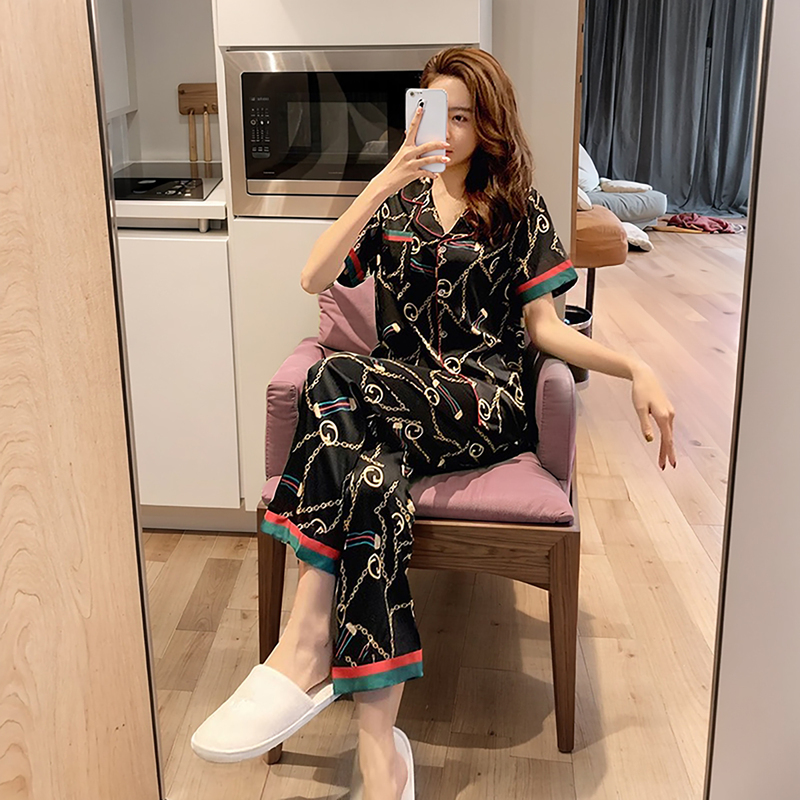 Ice Silk Pajamas for Women, Summer High-End Style, Plus Size Long Pants, Short Sleeves, Spring and Autumn Silk Women's Set, Summer Style Loungewear