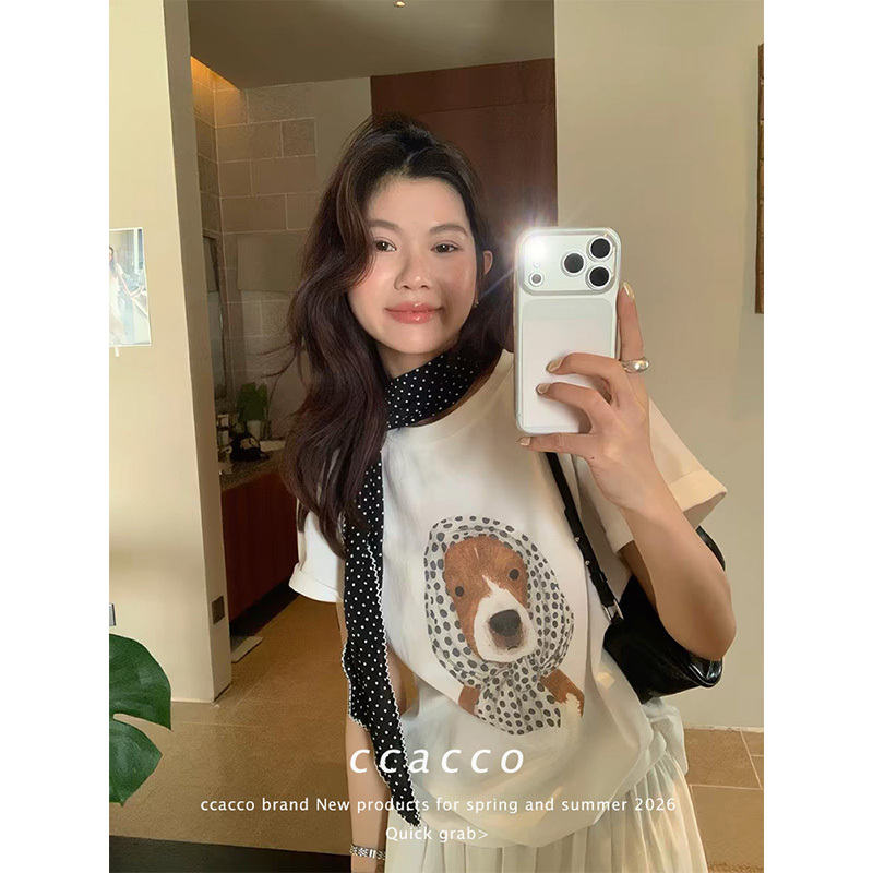 White Short-Sleeve T-Shirt for Women, Summer 2026, Korean Style, Loose Fit, Trendy, Age-Reducing, Puppy Print, Pure Cotton Half-Sleeve Top