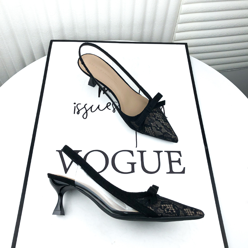 Pointed Toe Backless Sandals, New Model for Summer 2026, Black Lace Mesh Bow, Stunning High Heels with Thin Heels