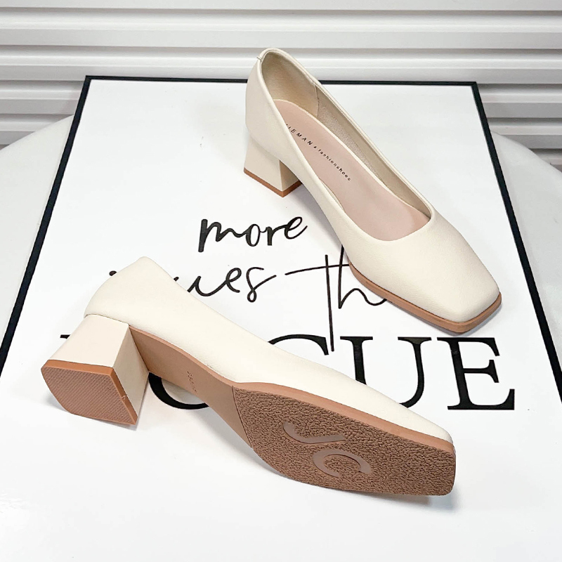Off-White Shallow Square-Toe Chunky Heel Women's Shoes 2026 New Summer Soft Leather Commuting Platform High Heels Mid-Heel