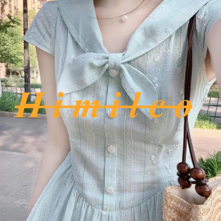 Himilco Fresh and Stylish Blue Navy Collar Short-Sleeve Dress for Women, Perfect for Summer, with a Beautiful Cinched Waist Design Himilco Fresh and Stylish Blue Navy Collar Short-Sleeve Dress for Women, Perfect for Summer, with a Beautiful Cinched Waist Design