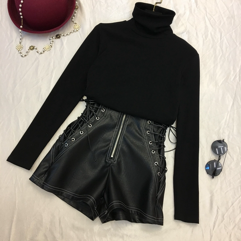 2018 đầu thu mới quần quai đen hoang dã đơn giản thời trang quần ống rộng PU da cao eo quần short nữ