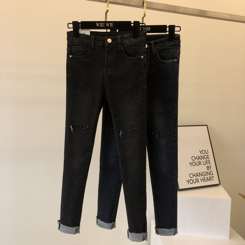 Han Fan Gang lỗ gió vá quần jean nhung mỏng quần thun nữ lông cừu là quần mỏng cuộn hoang dã quần jean cao cấp