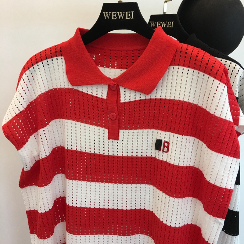2018 mùa hè mới Châu Âu và Mỹ Fan ice sọc lụa lỏng tính khí polo ve áo hollow knit váy dài phụ nữ đầm maxi dự tiệc