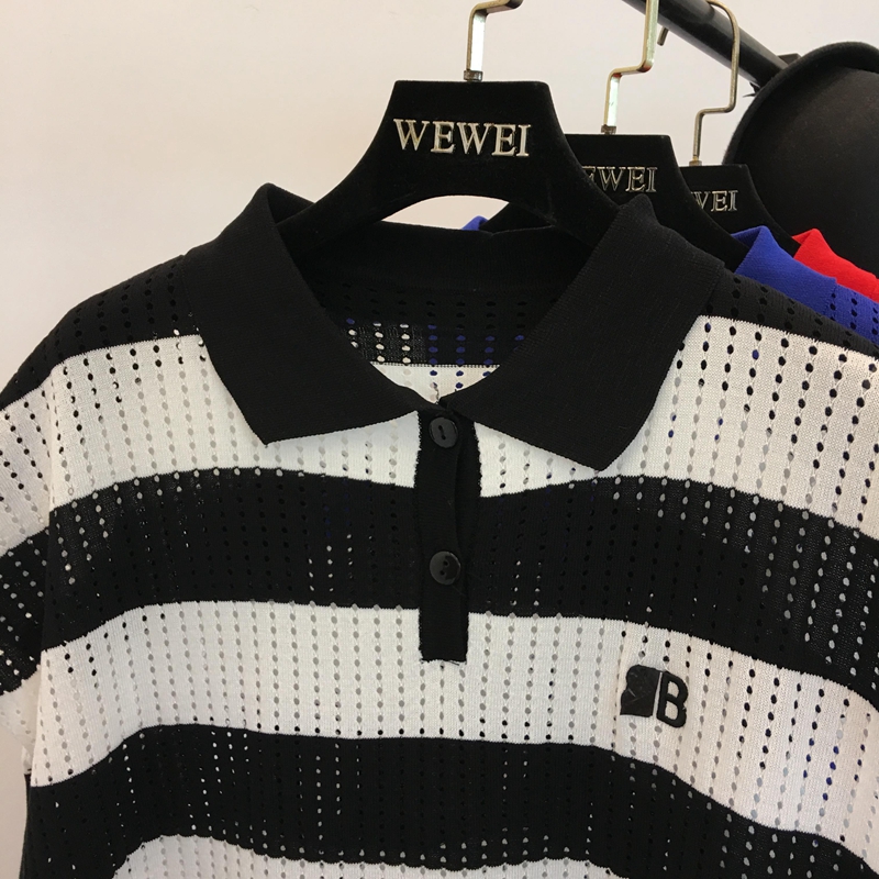 2018 mùa hè mới Châu Âu và Mỹ Fan ice sọc lụa lỏng tính khí polo ve áo hollow knit váy dài phụ nữ đầm maxi dự tiệc
