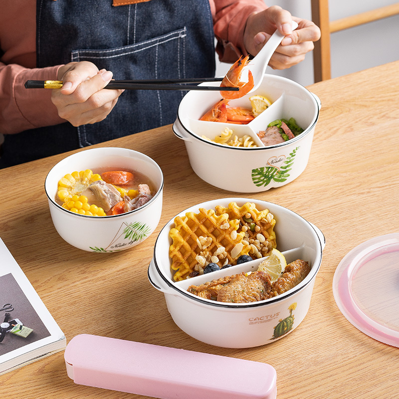 Ceramic lunch box round split two-grade three-grid convenience box microwave oven with cover seal for the work-family fresh box