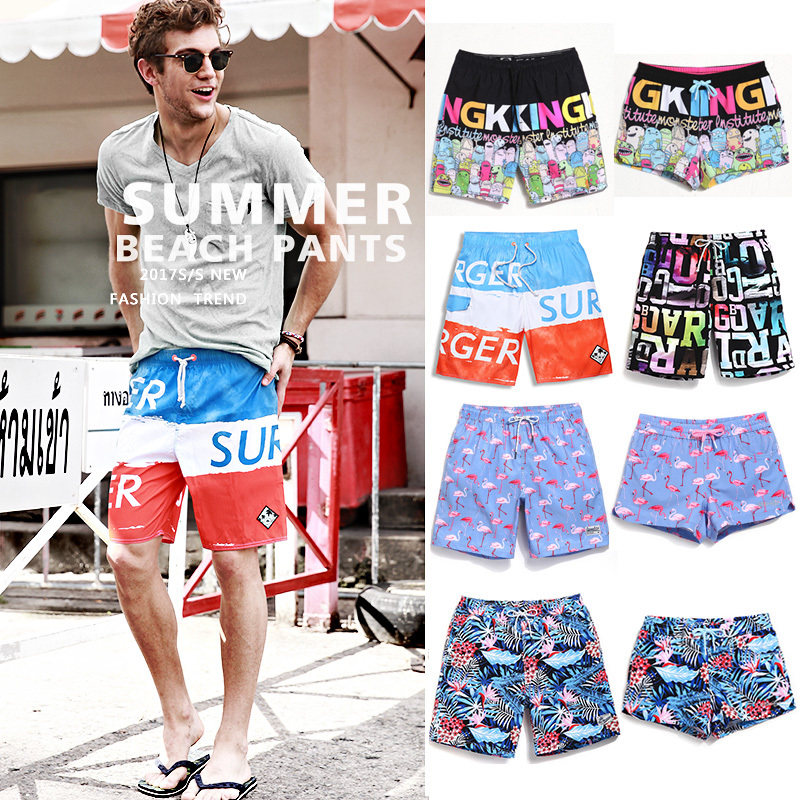 Summer beach pants men's quick-drying loose large size five-point boxer vacation swimming trunks women's seaside couple shorts flower shorts