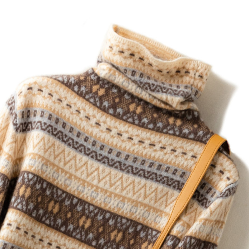 High-Necked Cashmere Sweater for Women, 2020 Autumn and Winter New Style, Loose-Fitting Striped Sweater, 100% Pure Wool Knitwear High-Necked Cashmere Sweater for Women, 2020 Autumn and Winter New Style, Loose-Fitting Striped Sweater, 100% Pure Wool Knitwear