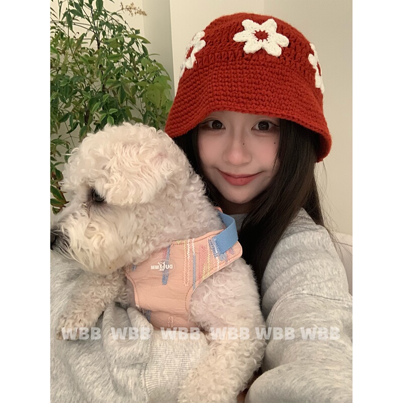 [Exclusive for Small Heads] Korean-Style Floral Knitted Hat for Women, Red Hat, Fisherman Hat, Autumn and Winter Warm Handmade Woolen Hat