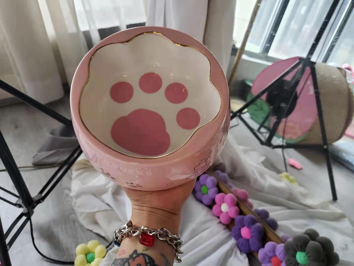 Sesame Dog Nest -- Pink Cat Paw Pet Bowl Cherry Blossom Cat Bowl dog Bowl Dog Cat Water Bowl anti-roll rice bowl