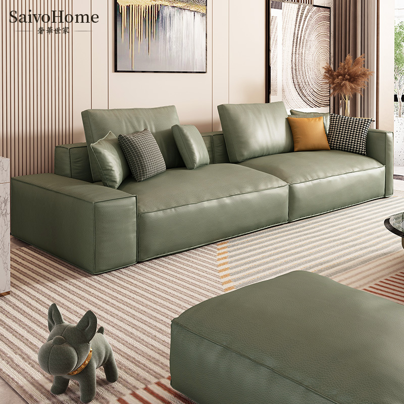 Luxurious Family Head Layer Real Leather Sofa Tofu Block Willful Extremely Simple Trio Sofa Small Family living room Nordic modern