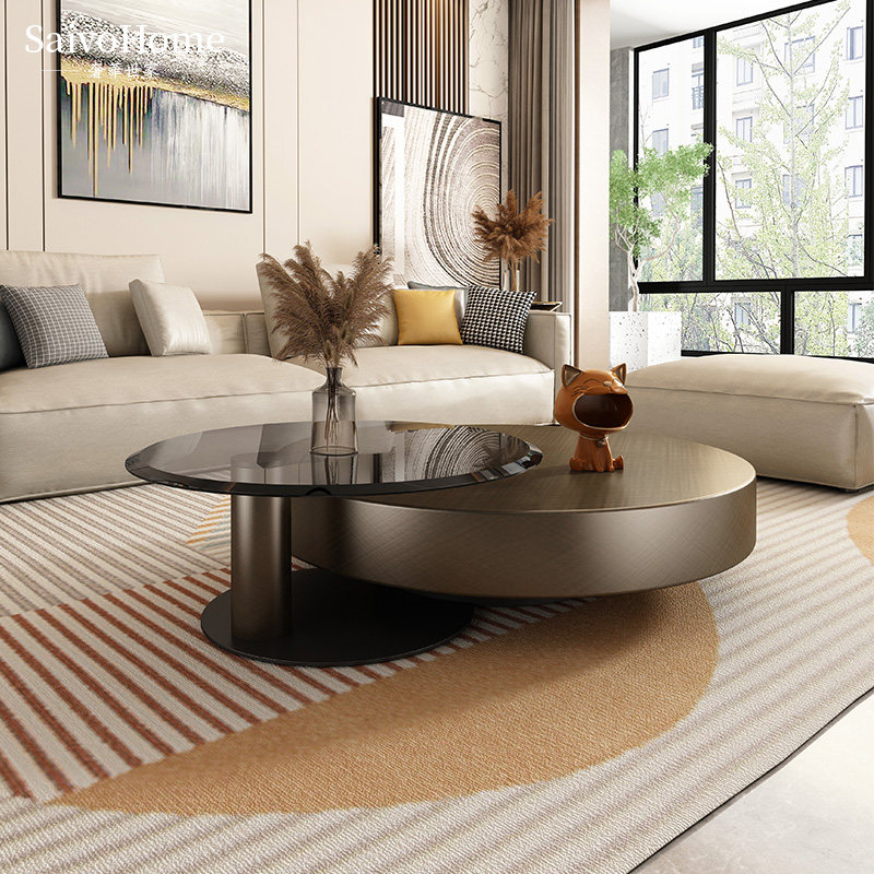 Italian light and luxurious round tempered glass tea table modern minimalist home living room small family type stainless steel mesh black tea a few