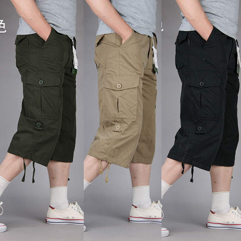 Summer Plus-Size Men's Cotton Capri Pants, Loose Casual 7/8 Pants with Multiple Pockets, Cargo Shorts for Men