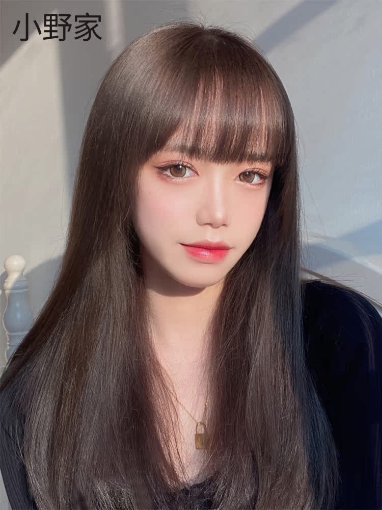 Wig female real hair Air bangs net red long straight hair fluffy natural hair Fashion sweet face repair wig set