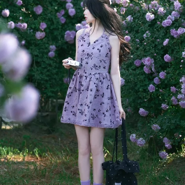 French-Style Purple Waist-Cinching Spaghetti Strap Dress for Women, Summer 2025 New Model, This Year's Popular Beautiful Short Dress for Petite Figures