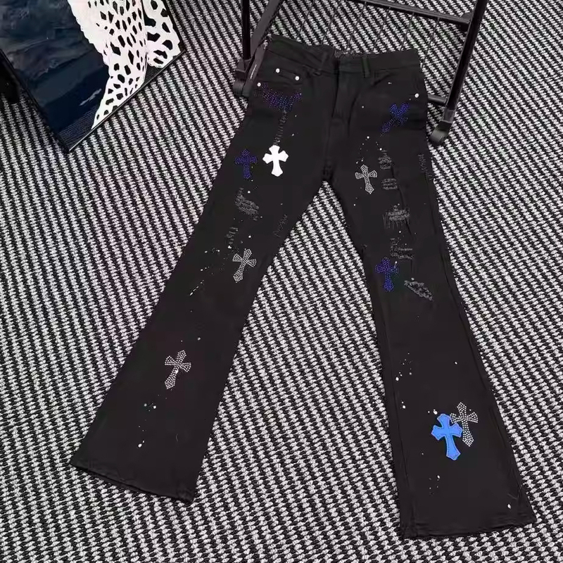 Trendy High Street Cross-Pattern Rhinestone Ripped Jeans for Men, Vintage Spray-Painted Slim-Fit Luxury Pants