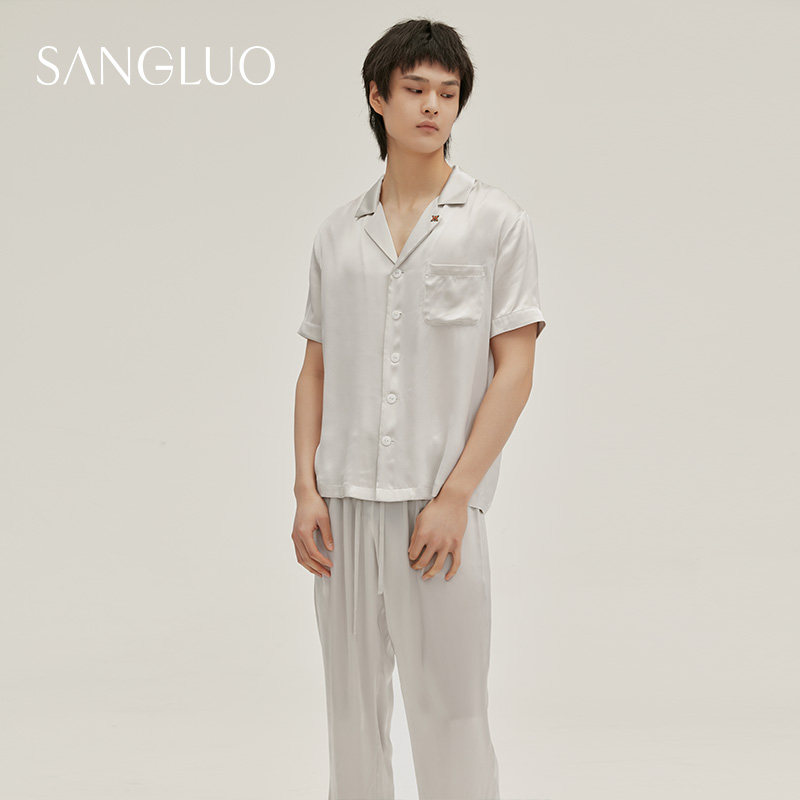 Heavy 19 mmi silk short sleeve pajamas Outfits men SANGLUO solid color embroidered mulberry silk outside wear home clothing
