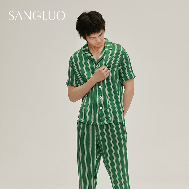 Heavy 19 mmi silk short sleeve pajamas Outfits men SANGLUO solid color embroidered mulberry silk outside wear home clothing