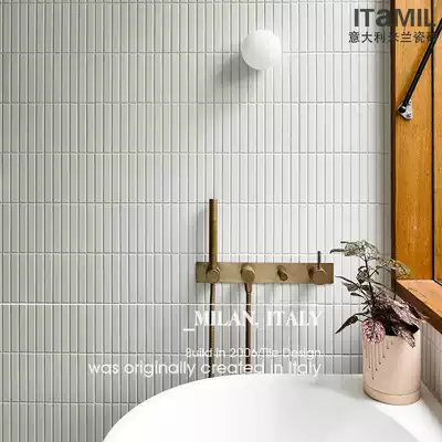 White tile background wall Modern Nordic powder room mosaic tile small elongated strip all-ceramic floor tile green brick