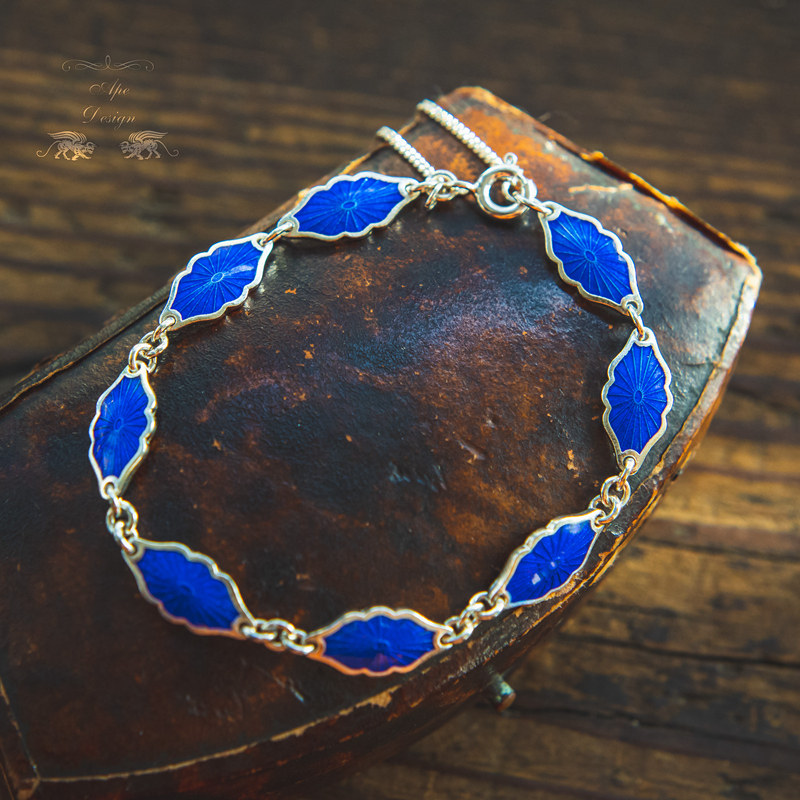 Court style Florence Italian antique jewelry replica 999 foot silver high temperature blue enamel sterling silver bracelet