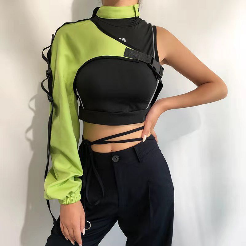 Unisex Hip-Hop Disco Gear Adjustable Buckle Halter Reflective One-Shoulder Sleeve Strap Half-Sleeve Top Performance Costume Unisex Hip-Hop Disco Gear Adjustable Buckle Halter Reflective One-Shoulder Sleeve Strap Half-Sleeve Top Performance Costume