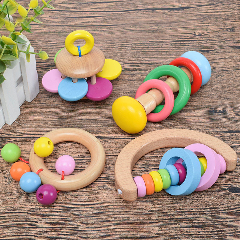Wooden rocking bell Four pieces of hand shake Suzuki Orff instruments Baby hand grip rocking Suzuki Baby early to teach Toys
