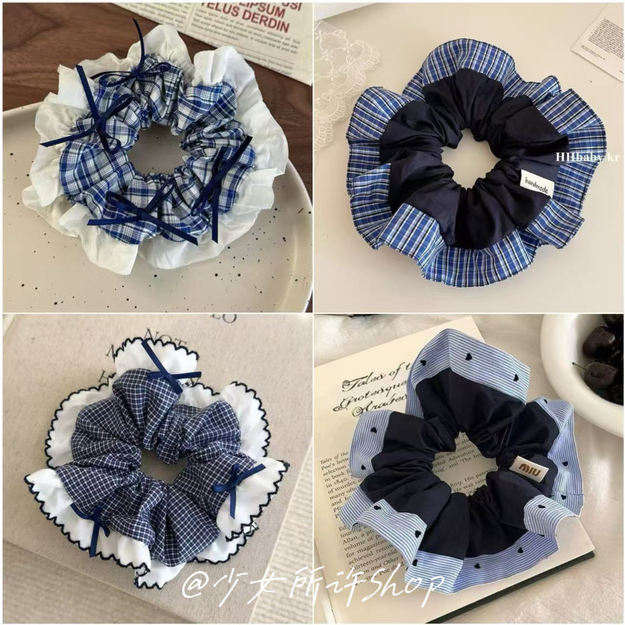 青色の多用途チェック柄リボンシュシュ（女性用）、高級ヘアアクセサリー、ヘアゴム、お団子ヘアゴム、ヘアゴム。