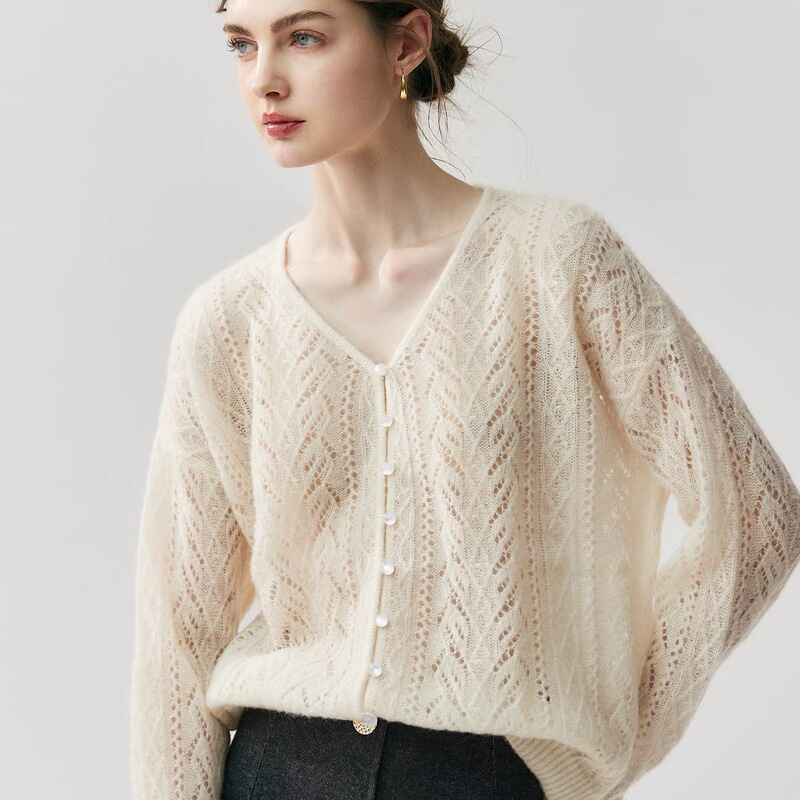 Hemisphere~75% Cashmere 25% White Factory Silk Knitted Cardigan for Women, V-Neck, Hollow-Out, Loose-Fitting Thin Sweater Jacket