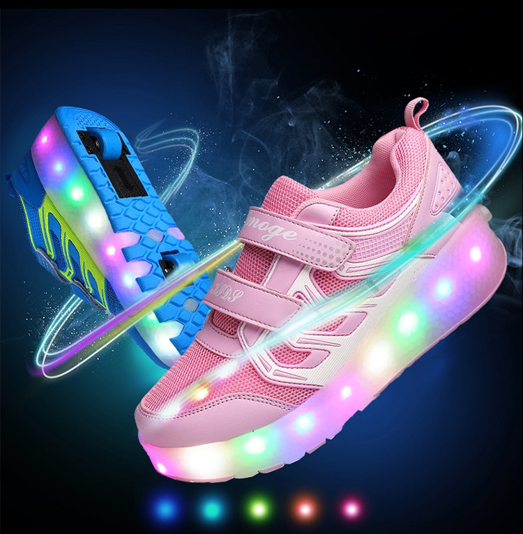 Spring Summer Net Face Breathable with lamp Blizzled Shoe boy Single wheel Automatic section Double wheel Pulley Shoes Girl wheel sneakers 