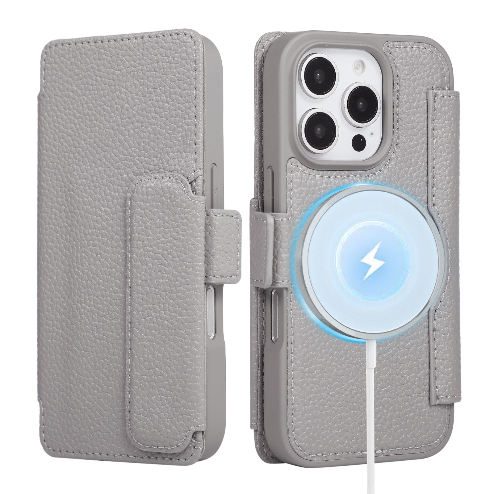 Gray — Lychee Leather Magnetic Charging Flip Card Holder Stand Phone Case