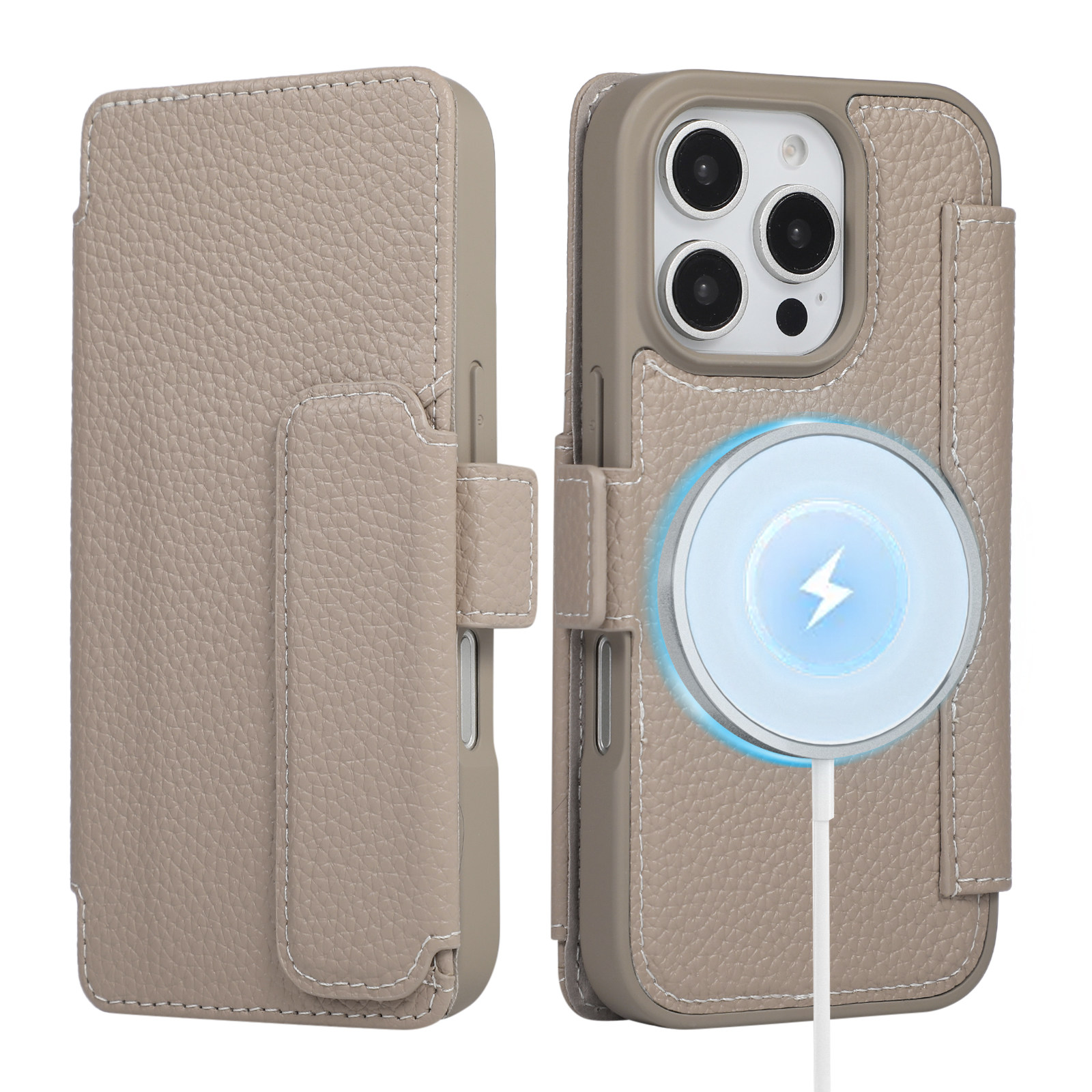 Beige — Lychee Leather Magnetic Charging Flip Card Holder Stand Phone Case