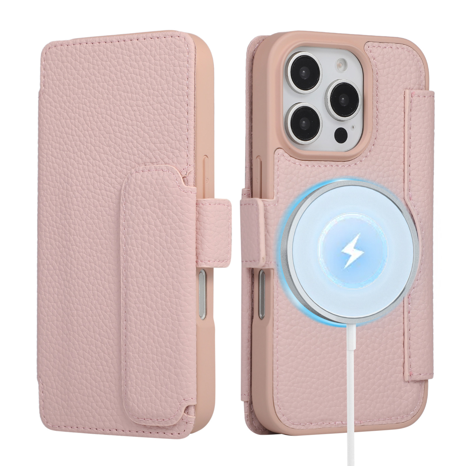 Pink — Lychee Leather Magnetic Charging Flip Card Holder Stand Phone Case